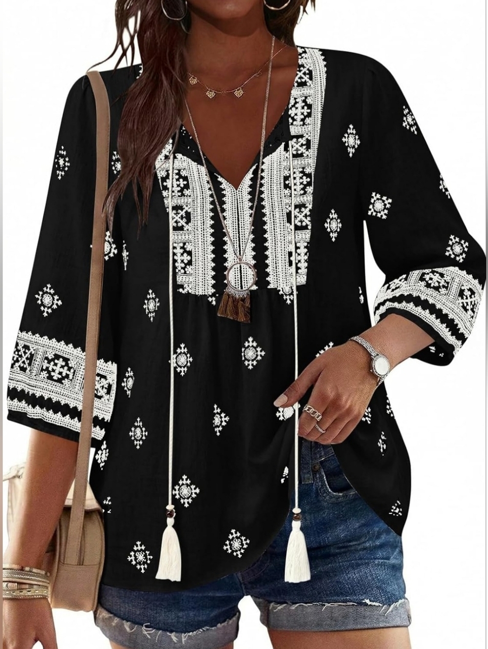 Boho Embroidered Tunic Blouse NWT Size Large 12/14 Black White - Picture 1 of 6